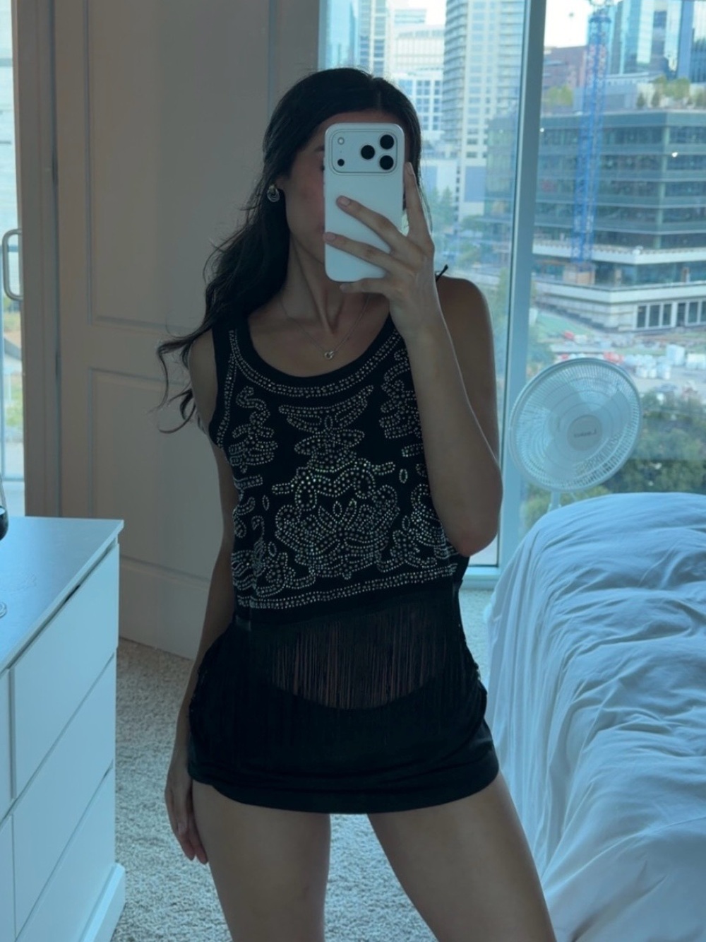 Sleeveless Black Beaded Fringe Tank Top